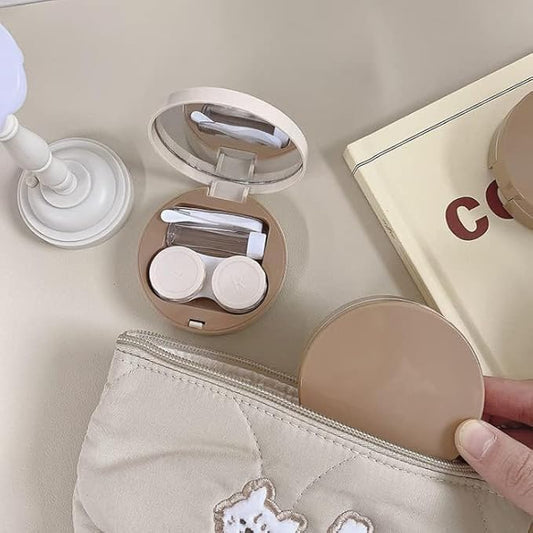 2 PCS Contact Lens Case Travel Case Holder Storage Box Portable Contact Lens Container Soak Kit for Travel&Home (White,Khaki)