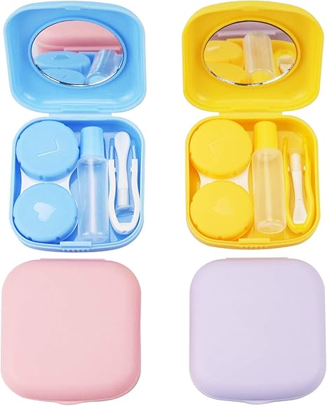 4PCS Contact Lens Case, Colorful Contact Lens Box Holder Container, Outdoor Mini Contact Lens Soak Storage Kit With Mirror For Travel&Home (Yellow, Pink, Blue Purple)